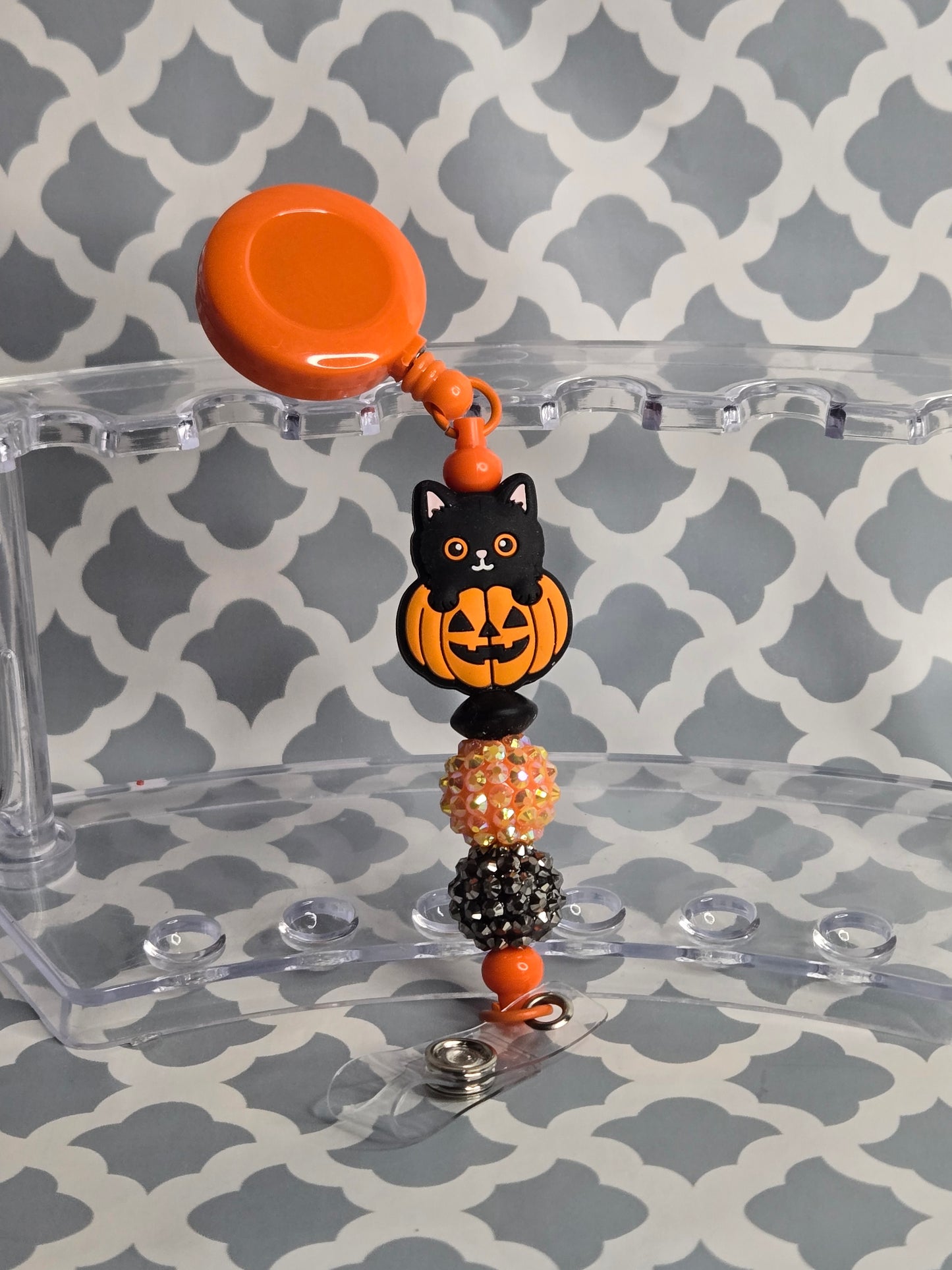 Cat in Pumkin beaded badge reel